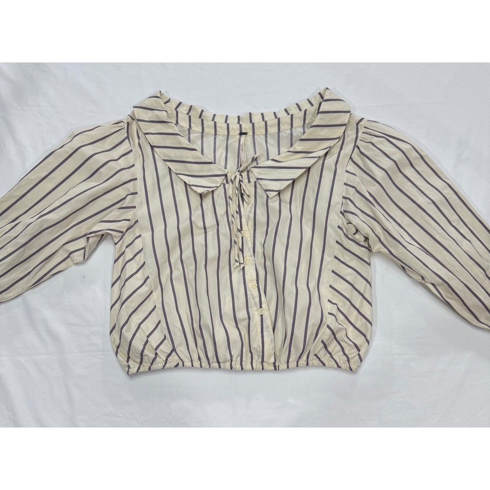 Free People Striped Peter Pan Collar Tie Neck Cropped Blouse Cream Purple Small